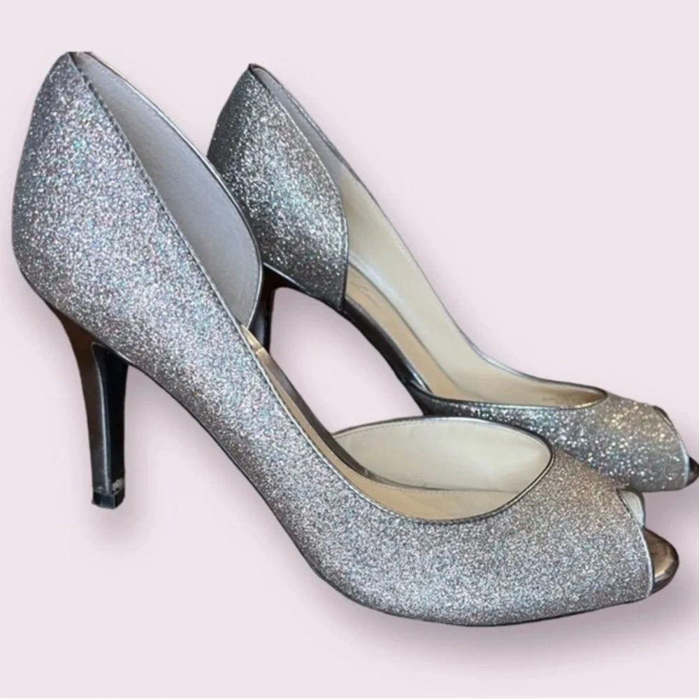 Marc Fisher Silver Metallic Joey 3  Peep Toe High Heel Pumps size 7